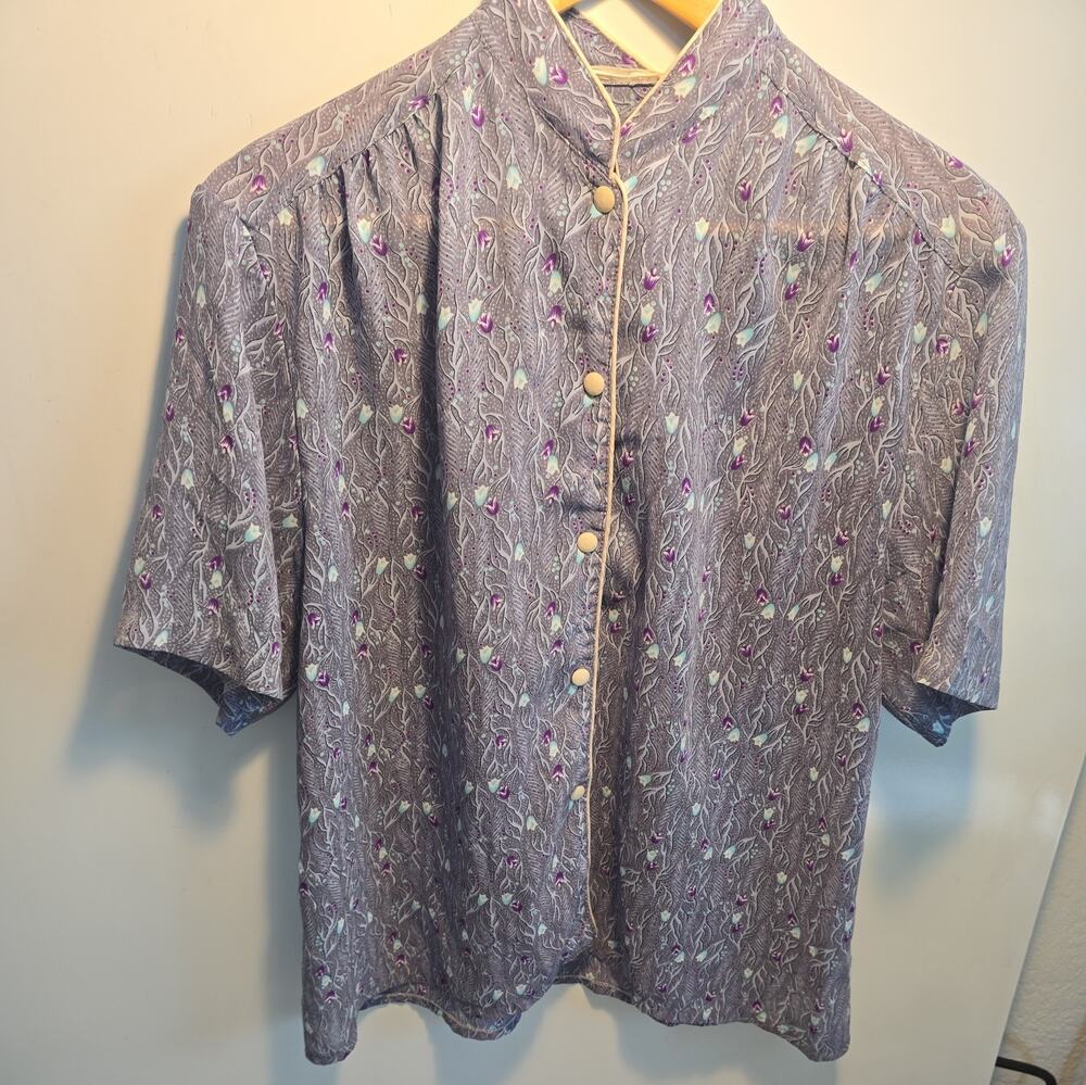 Vintage Secolo Shirt Women XXL Grey Floral Print Retro Asian 60s 70s piping boxy